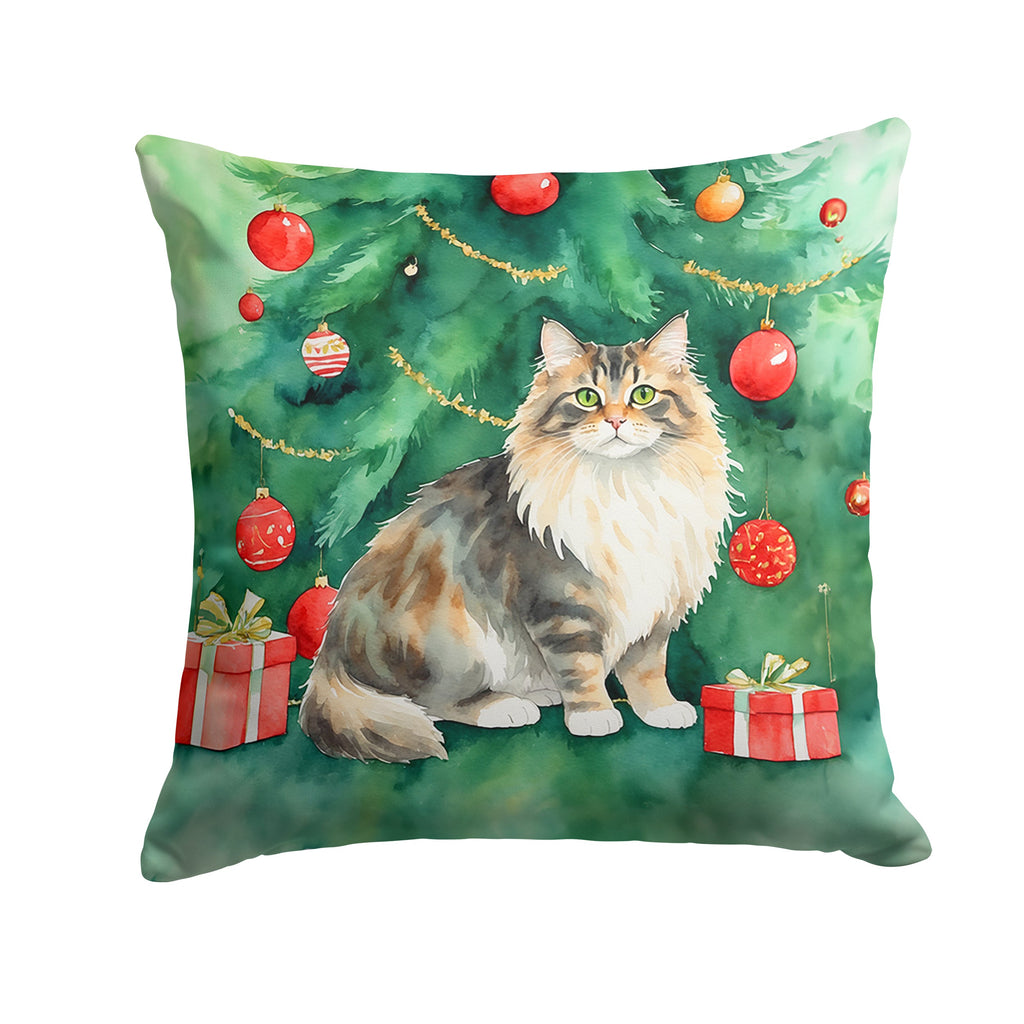Cymric Cat By the Christmas Tree Decorative Throw Pillow 18x18 Indoor Outdoor Accent Cushion, Fabric Cover with Insert for Sofa, Bed, Porch & Living Room