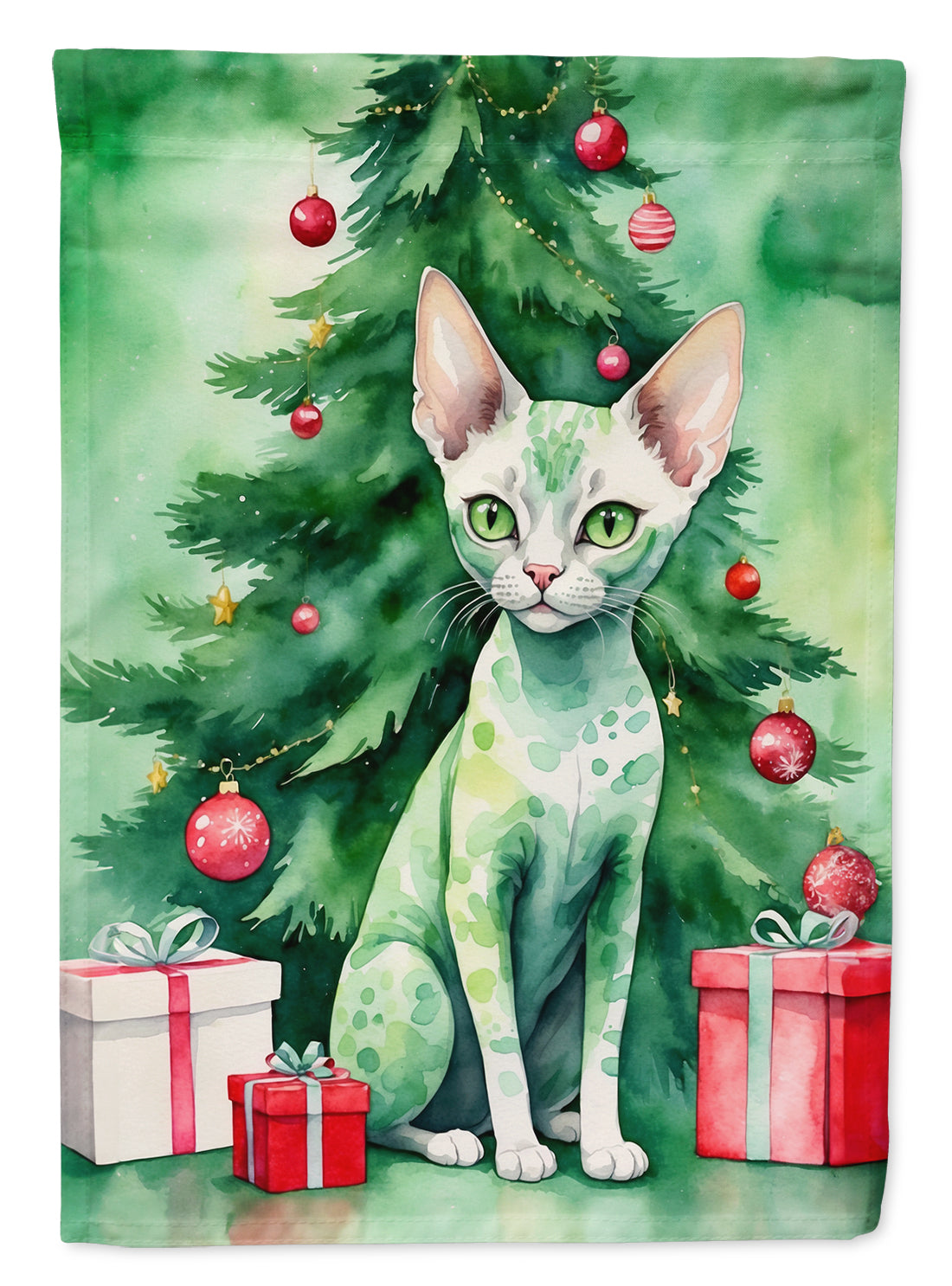 Devon Rex Cat By the Christmas Tree House Flag 28x40 Porch Sleeve Pole Decorative Outside Yard Banner Artwork Wall Hanging, Polyester