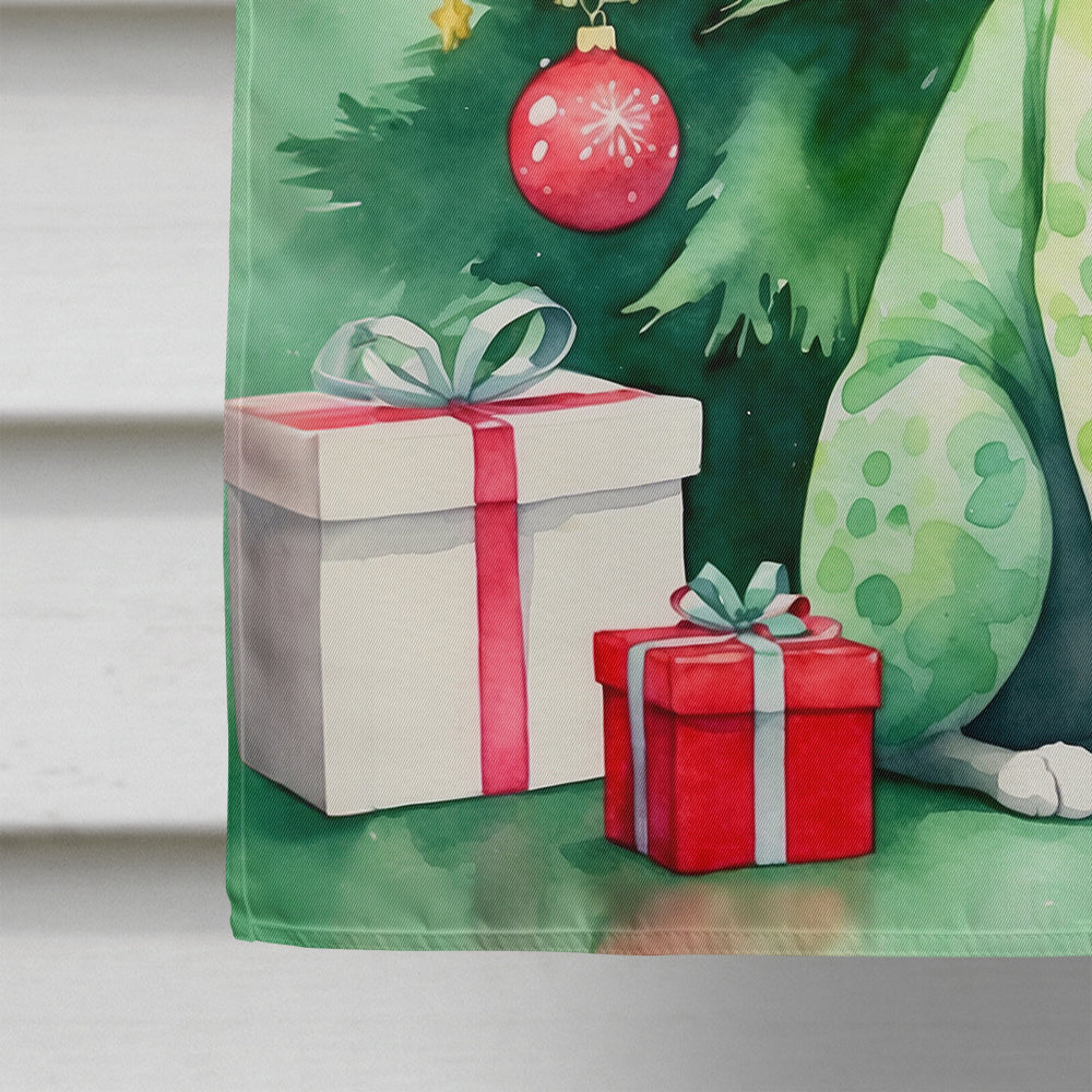Devon Rex Cat By the Christmas Tree House Flag 28x40 Porch Sleeve Pole Decorative Outside Yard Banner Artwork Wall Hanging, Polyester