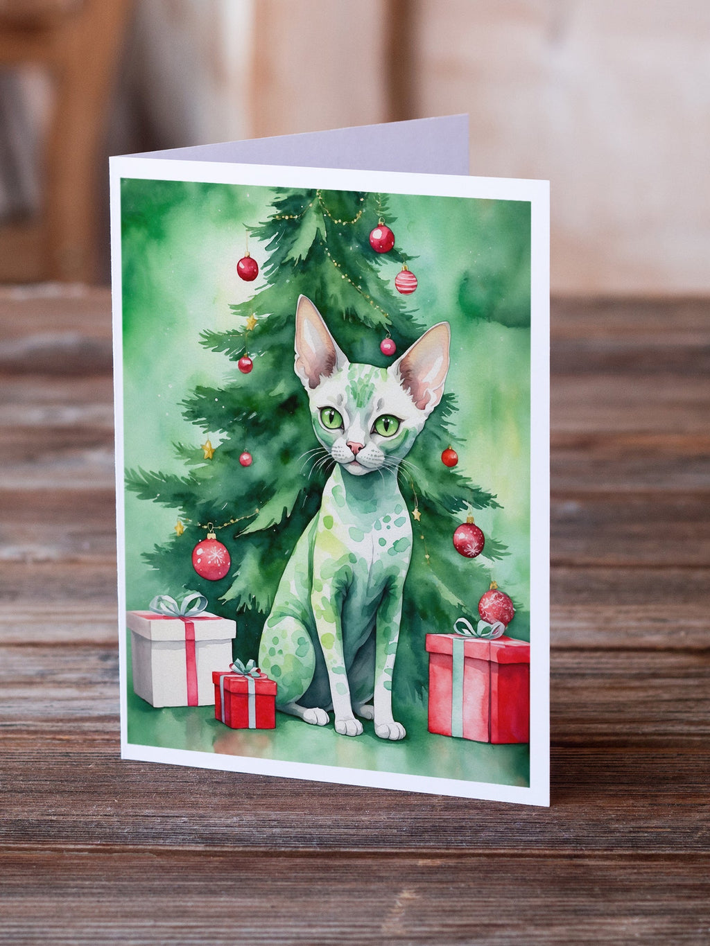 Devon Rex Cat By the Christmas Tree Greeting Cards Pack of 8 Blank Cards with Envelopes Whimsical A7 Size 5x7