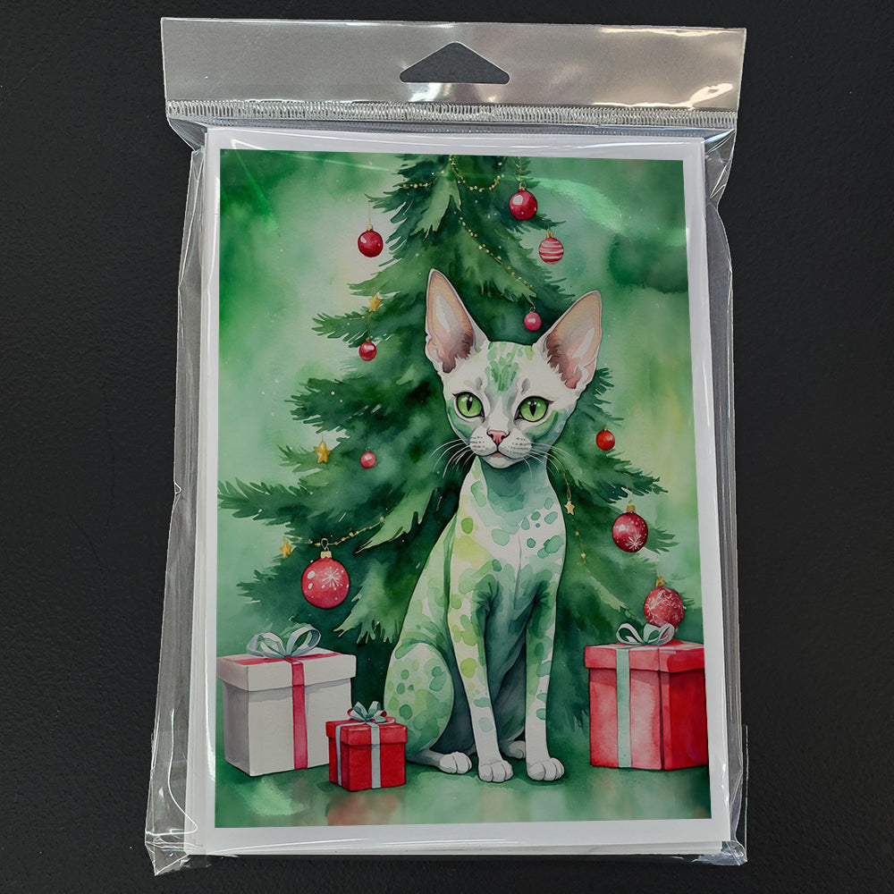 Devon Rex Cat By the Christmas Tree Greeting Cards Pack of 8 Blank Cards with Envelopes Whimsical A7 Size 5x7