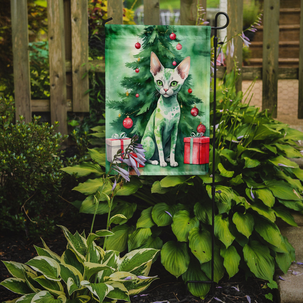 Devon Rex Cat By the Christmas Tree Garden Flag Mailbox Decorative Yard Banner Outside Patio Artwork for Flower Beds, Garden Size, Multicolor