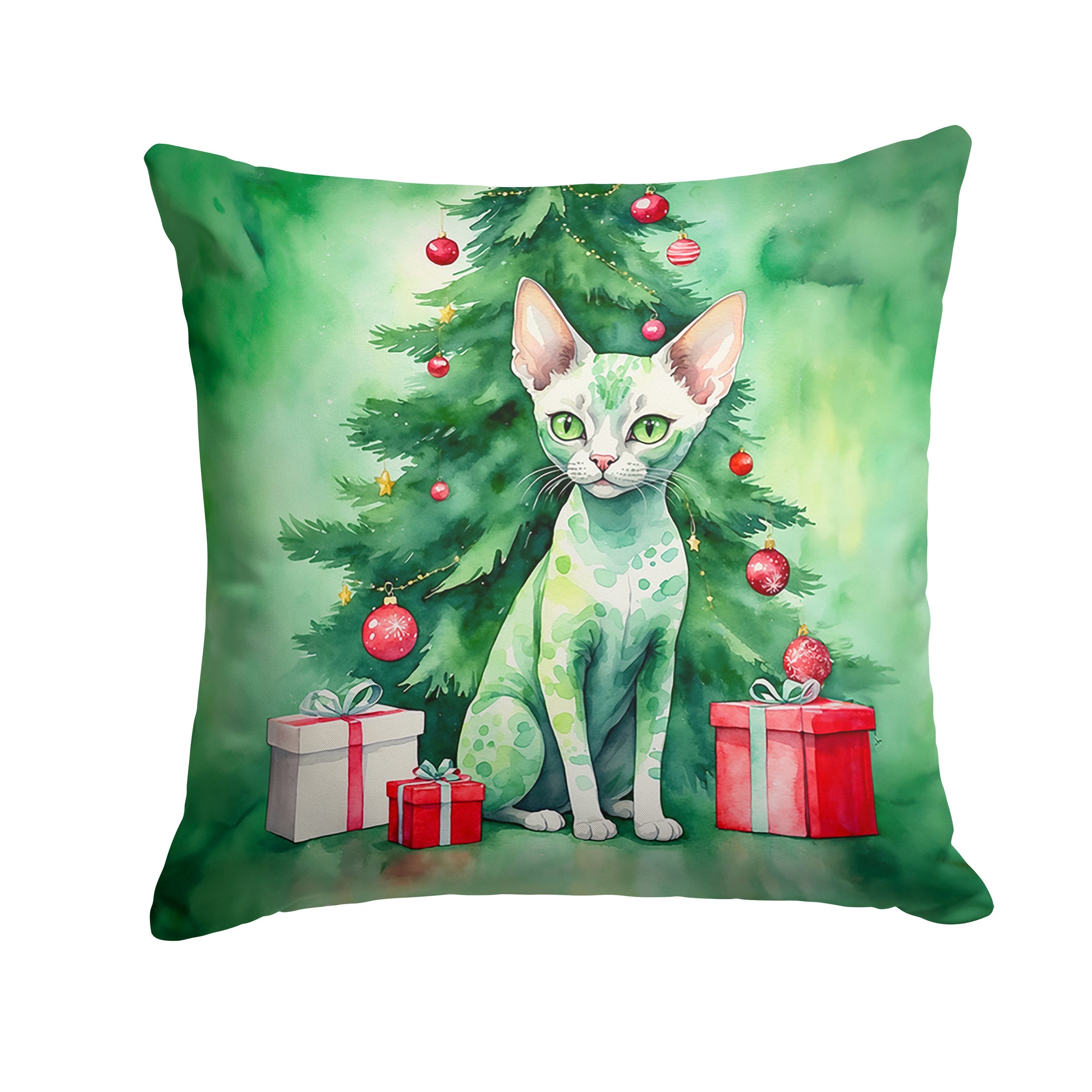 Devon Rex Cat By the Christmas Tree Decorative Throw Pillow 14x14 Indoor Outdoor Accent Cushion, Fabric Cover with Insert for Sofa, Bed, Porch & Living Room