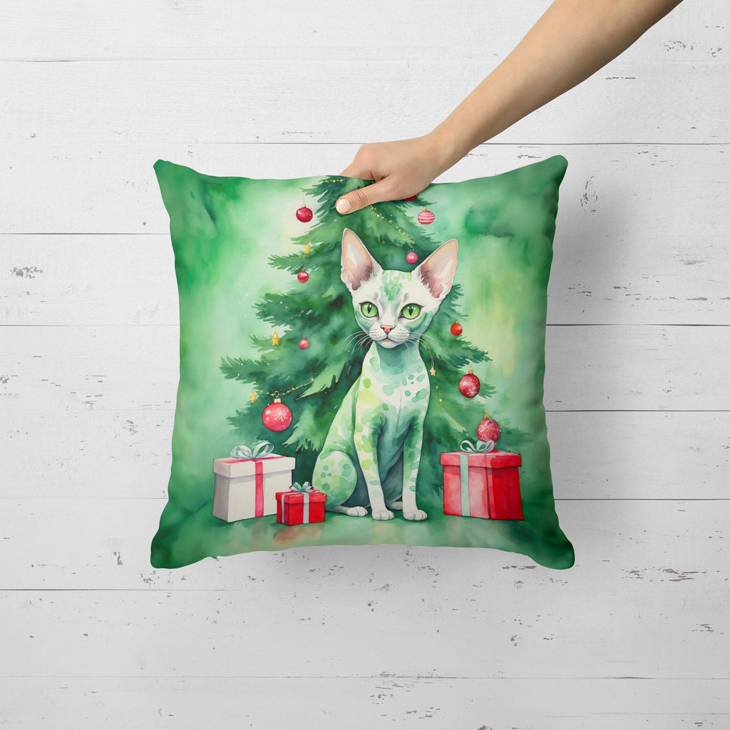Devon Rex Cat By the Christmas Tree Decorative Throw Pillow 18x18 Indoor Outdoor Accent Cushion, Fabric Cover with Insert for Sofa, Bed, Porch & Living Room
