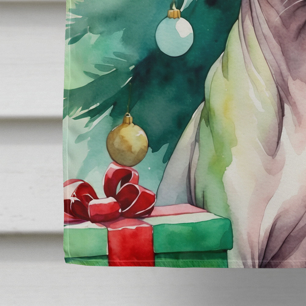 Donskoy Don Sphynx Cat By the Christmas Tree House Flag 28x40 Porch Sleeve Pole Decorative Outside Yard Banner Artwork Wall Hanging, Polyester