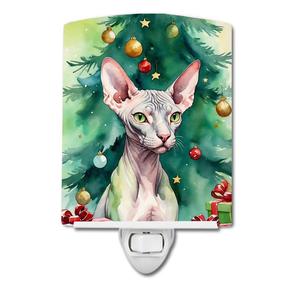 Donskoy Don Sphynx Cat By the Christmas Tree Ceramic Night Light Compact, UL-Certified, Ideal for Bedroom, Bathroom, Nursery, Hallway, Kitchen, 6x4x3, Multicolor