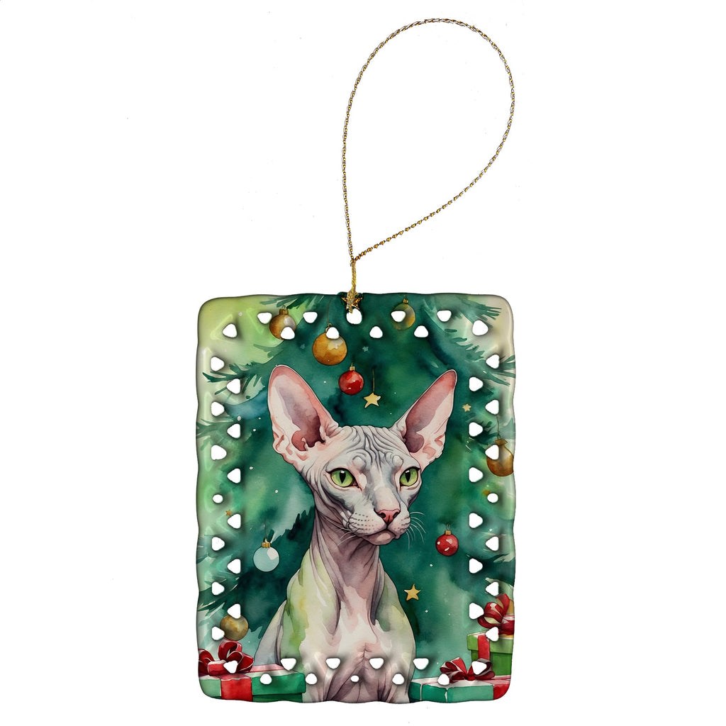 Donskoy Don Sphynx Cat By the Christmas Tree Porcelain Ornament Christmas Tree Hanging Decorations for Home Christmas Holiday, Rectangle, Gift, Multicolor
