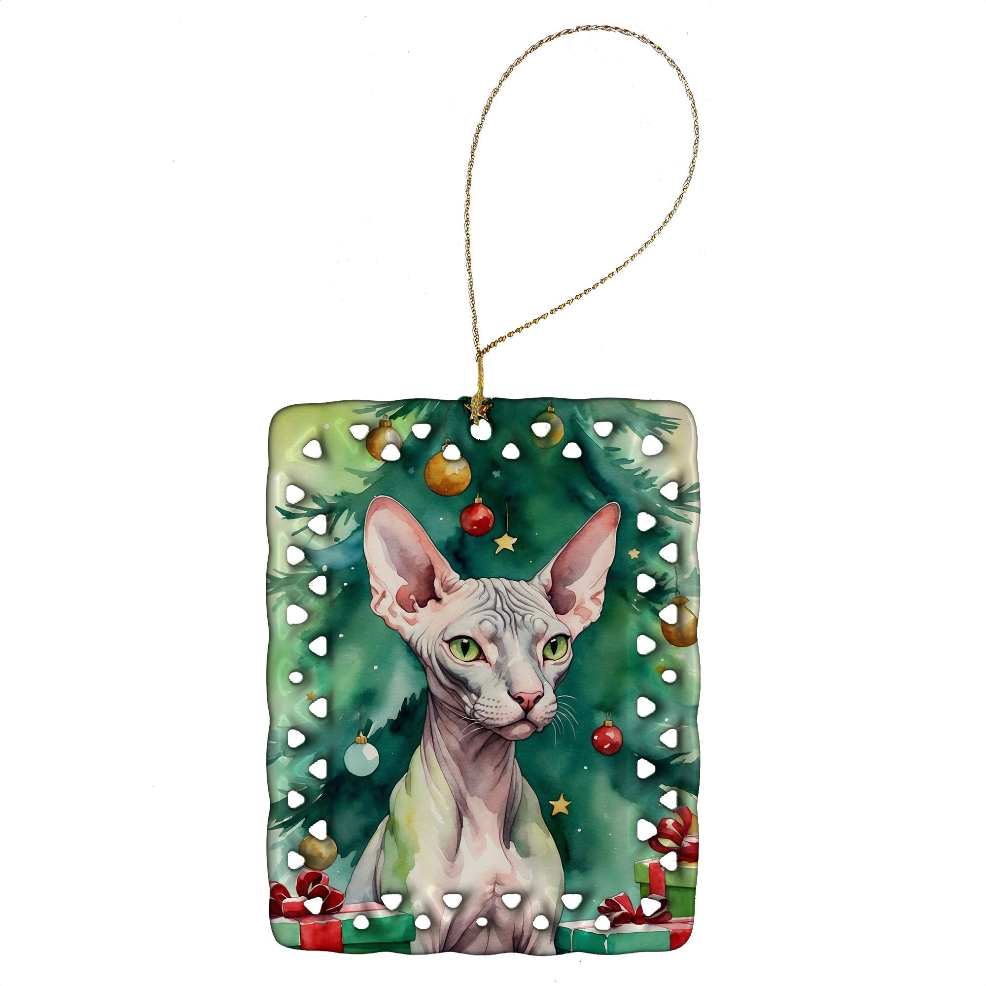 Donskoy Don Sphynx Cat By the Christmas Tree Porcelain Ornament Christmas Tree Hanging Decorations for Home Christmas Holiday, Rectangle, Gift, Multicolor