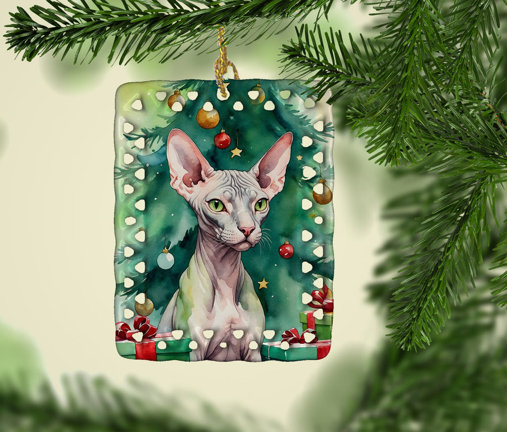 Donskoy Don Sphynx Cat By the Christmas Tree Porcelain Ornament Christmas Tree Hanging Decorations for Home Christmas Holiday, Rectangle, Gift, Multicolor