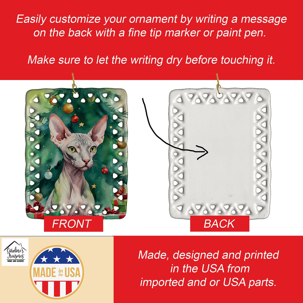 Donskoy Don Sphynx Cat By the Christmas Tree Porcelain Ornament Christmas Tree Hanging Decorations for Home Christmas Holiday, Rectangle, Gift, Multicolor