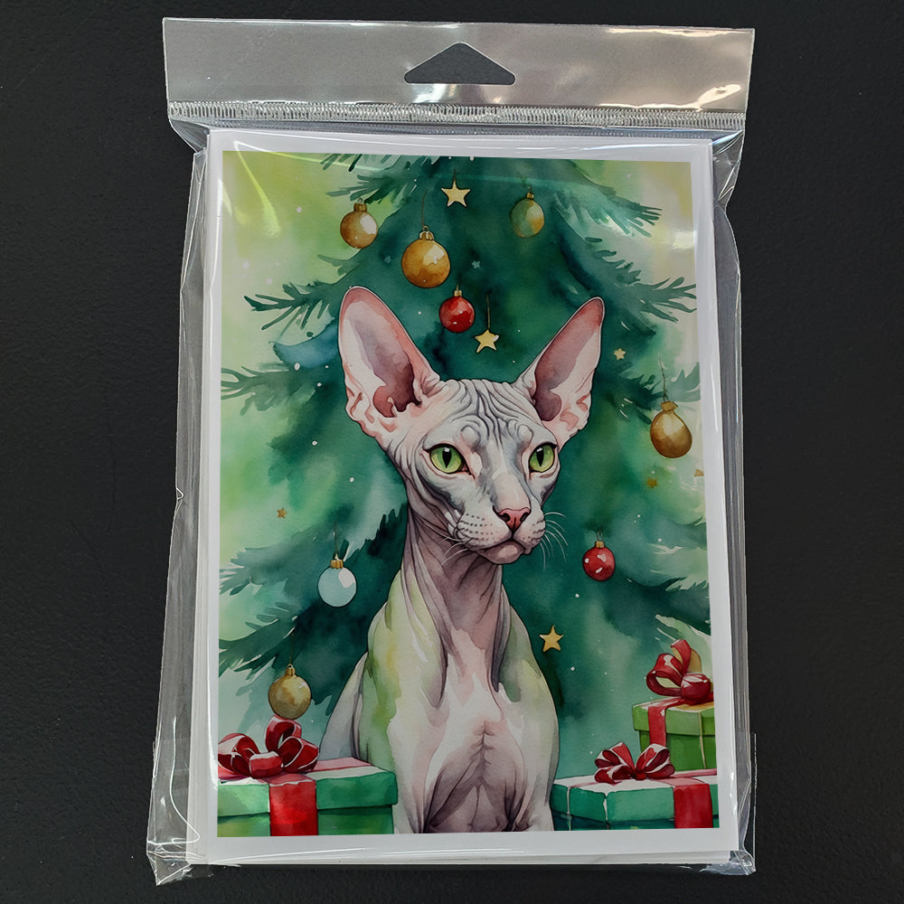 Donskoy Don Sphynx Cat By the Christmas Tree Greeting Cards Pack of 8 Blank Cards with Envelopes Whimsical A7 Size 5x7