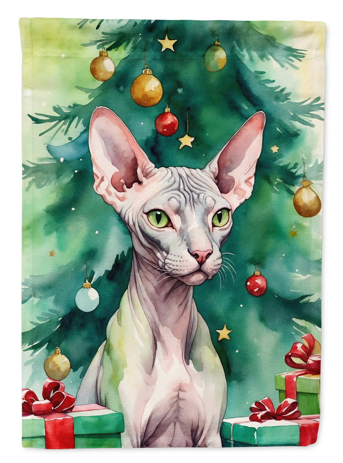 Donskoy Don Sphynx Cat By the Christmas Tree Garden Flag Mailbox Decorative Yard Banner Outside Patio Artwork for Flower Beds, Garden Size, Multicolor