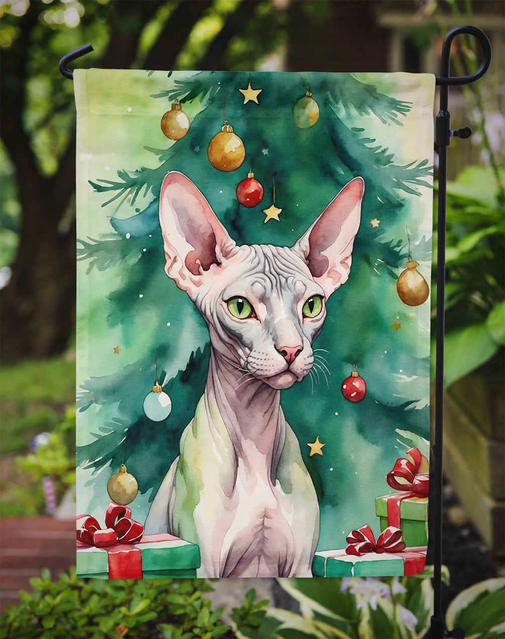 Donskoy Don Sphynx Cat By the Christmas Tree Garden Flag Mailbox Decorative Yard Banner Outside Patio Artwork for Flower Beds, Garden Size, Multicolor