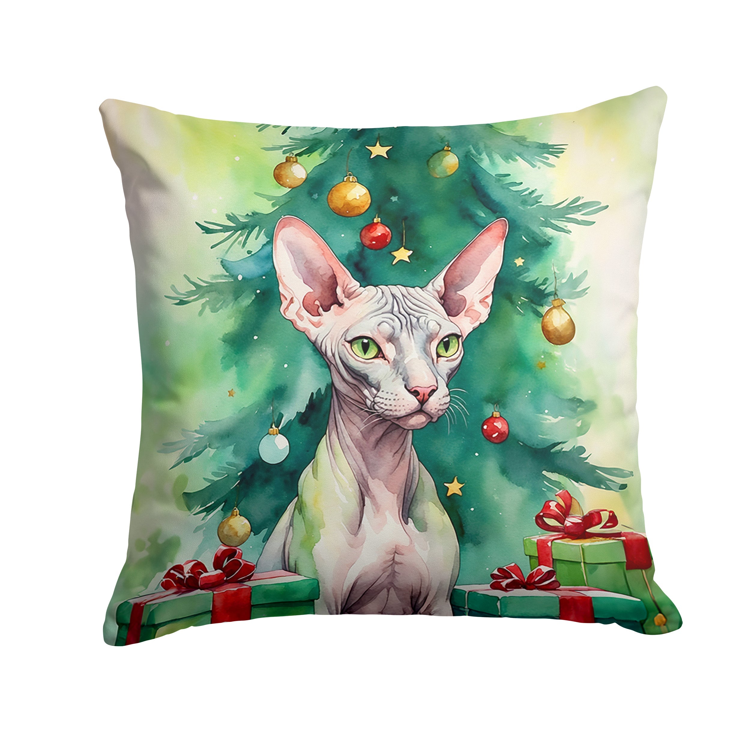 Donskoy Don Sphynx Cat By the Christmas Tree Decorative Throw Pillow 14x14 Indoor Outdoor Accent Cushion, Fabric Cover with Insert for Sofa, Bed, Porch & Living Room