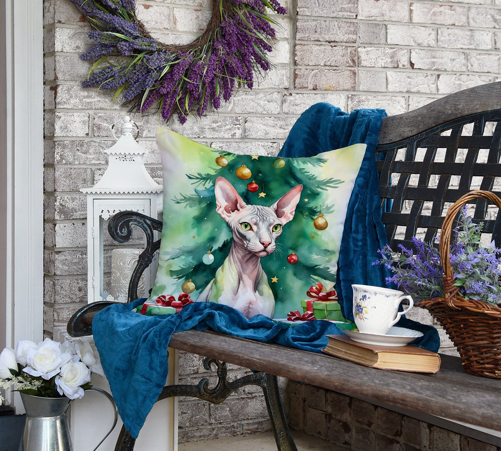 Donskoy Don Sphynx Cat By the Christmas Tree Decorative Throw Pillow 18x18 Indoor Outdoor Accent Cushion, Fabric Cover with Insert for Sofa, Bed, Porch & Living Room