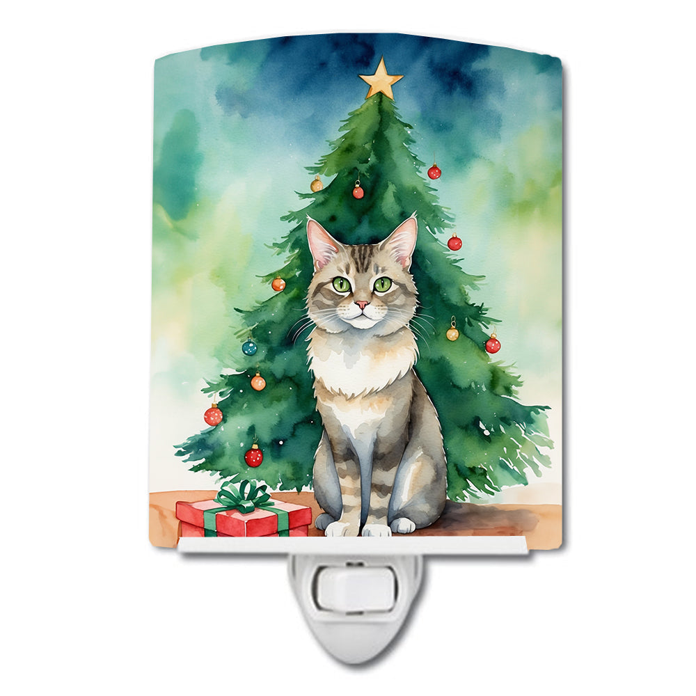 Dwelf Cat By the Christmas Tree Ceramic Night Light Compact, UL-Certified, Ideal for Bedroom, Bathroom, Nursery, Hallway, Kitchen, 6x4x3, Multicolor