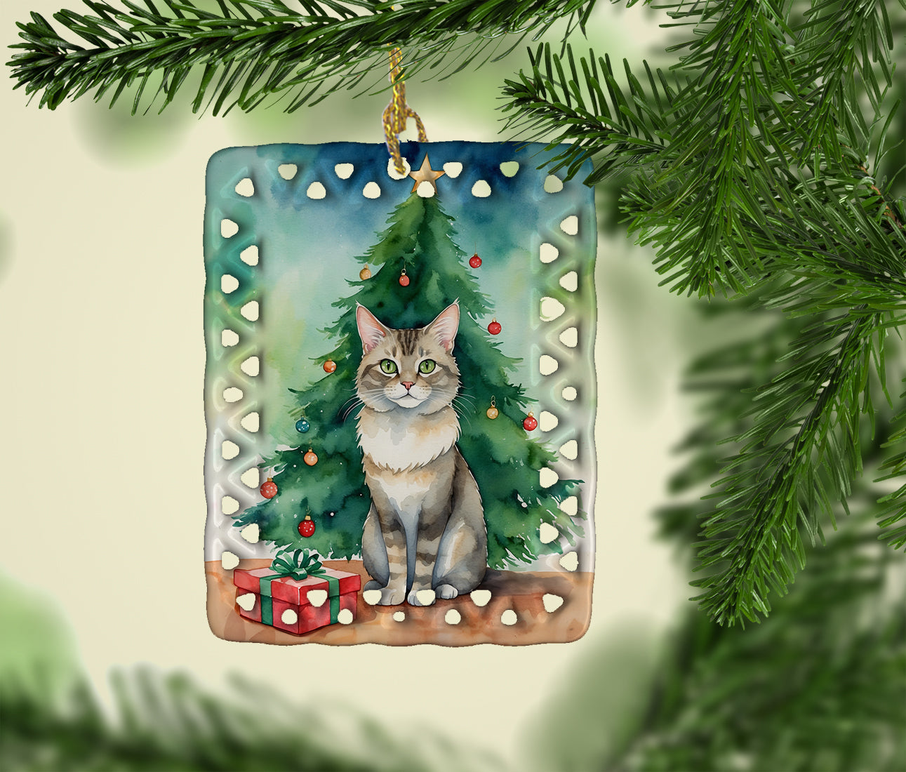 Dwelf Cat By the Christmas Tree Porcelain Ornament Christmas Tree Hanging Decorations for Home Christmas Holiday, Rectangle, Gift, Multicolor