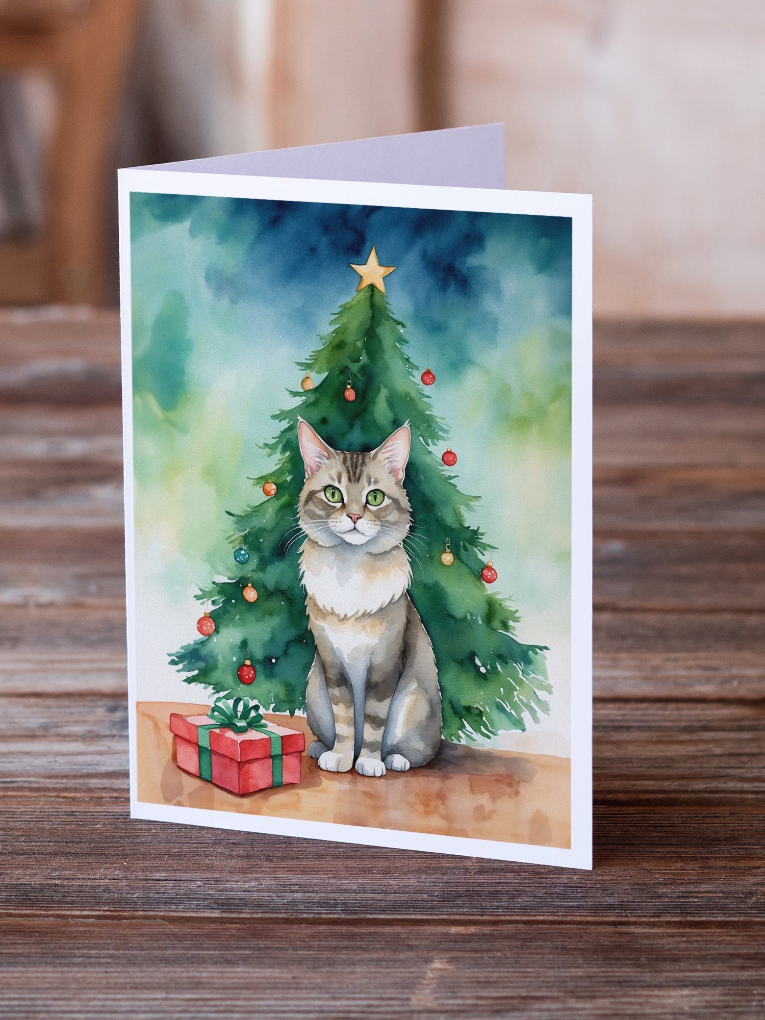 Dwelf Cat By the Christmas Tree Greeting Cards Pack of 8 Blank Cards with Envelopes Whimsical A7 Size 5x7