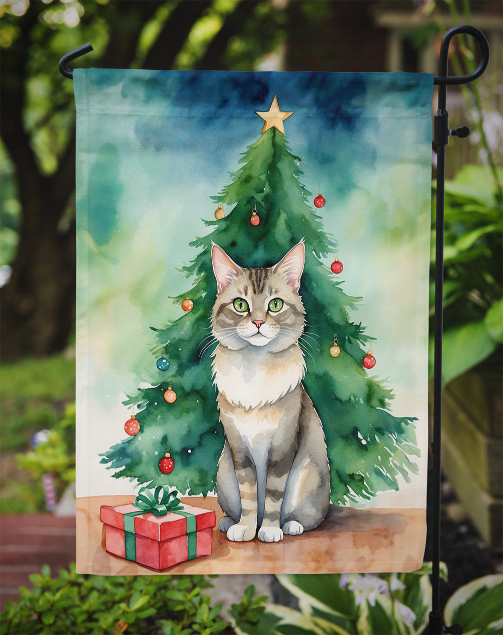 Dwelf Cat By the Christmas Tree Garden Flag Mailbox Decorative Yard Banner Outside Patio Artwork for Flower Beds, Garden Size, Multicolor