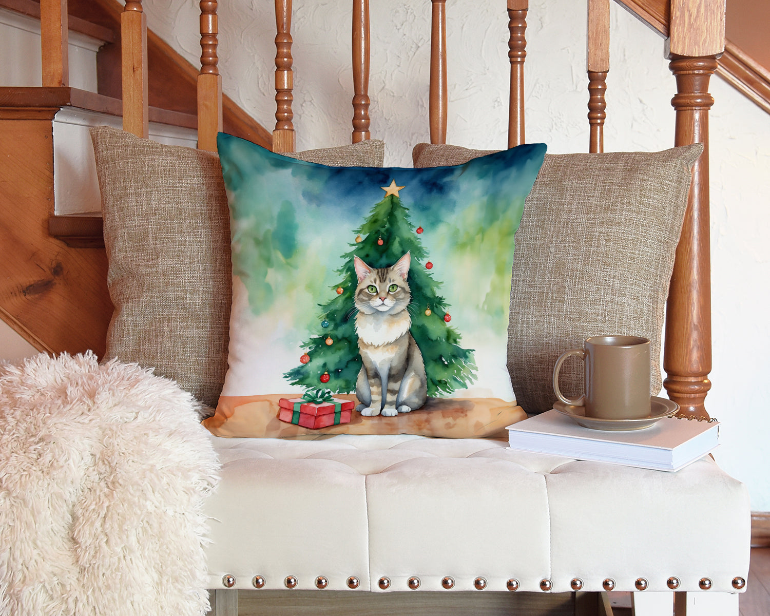 Dwelf Cat By the Christmas Tree Decorative Throw Pillow 14x14 Indoor Outdoor Accent Cushion, Fabric Cover with Insert for Sofa, Bed, Porch & Living Room