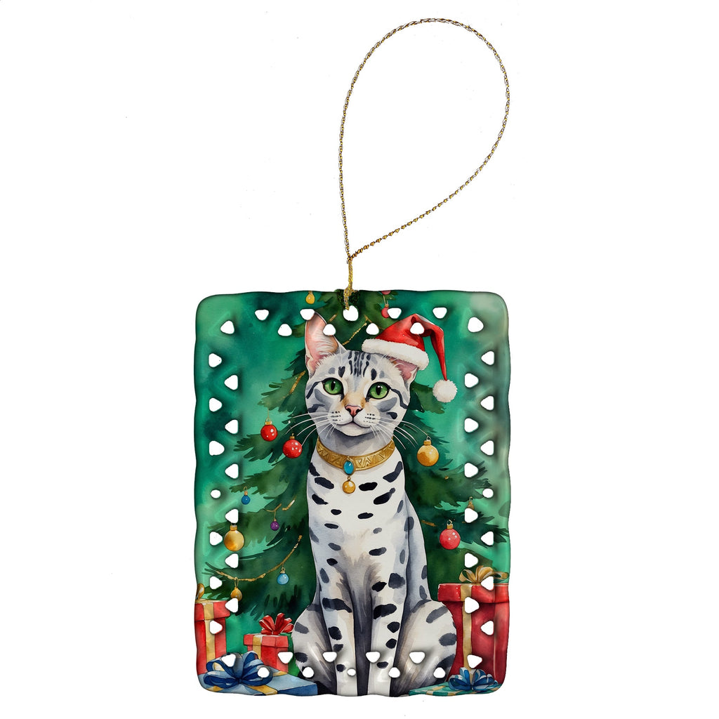 Egyptian Mau Cat By the Christmas Tree Porcelain Ornament Christmas Tree Hanging Decorations for Home Christmas Holiday, Rectangle, Gift, Multicolor