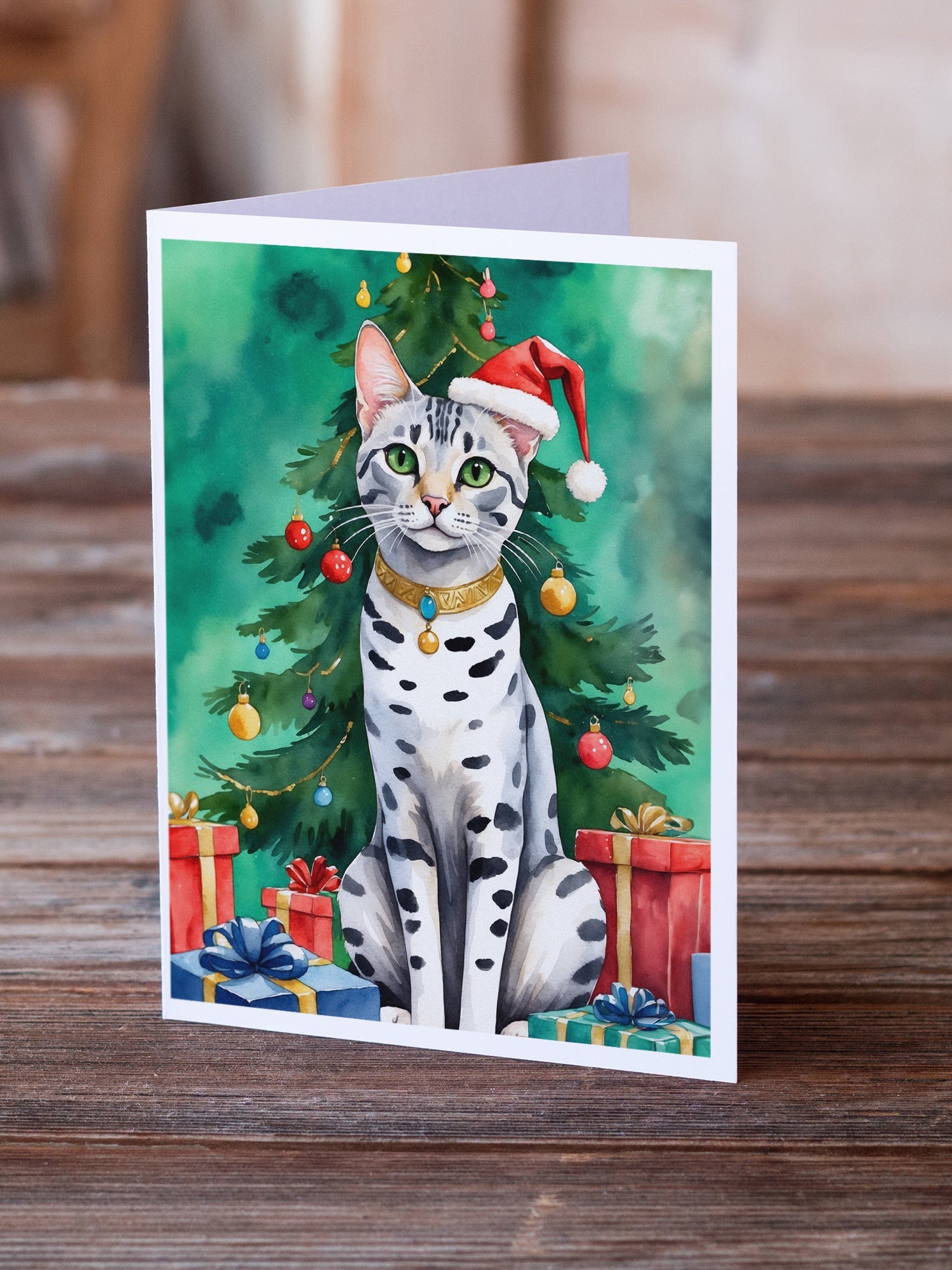 Egyptian Mau Cat By the Christmas Tree Greeting Cards Pack of 8 Blank Cards with Envelopes Whimsical A7 Size 5x7