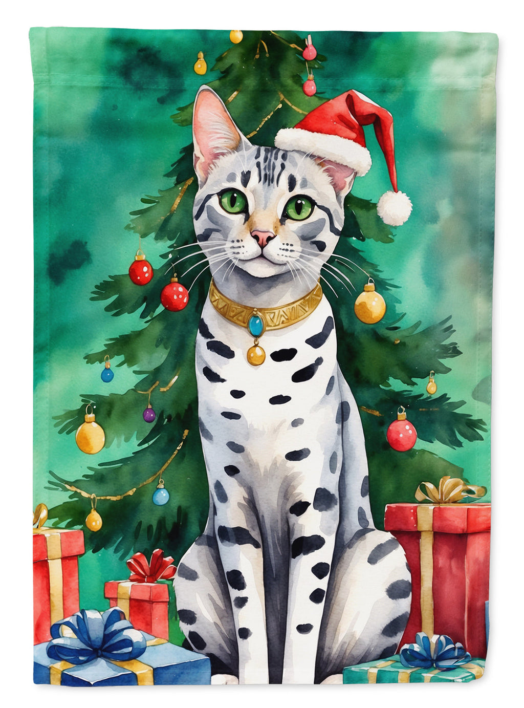 Egyptian Mau Cat By the Christmas Tree Garden Flag Mailbox Decorative Yard Banner Outside Patio Artwork for Flower Beds, Garden Size, Multicolor