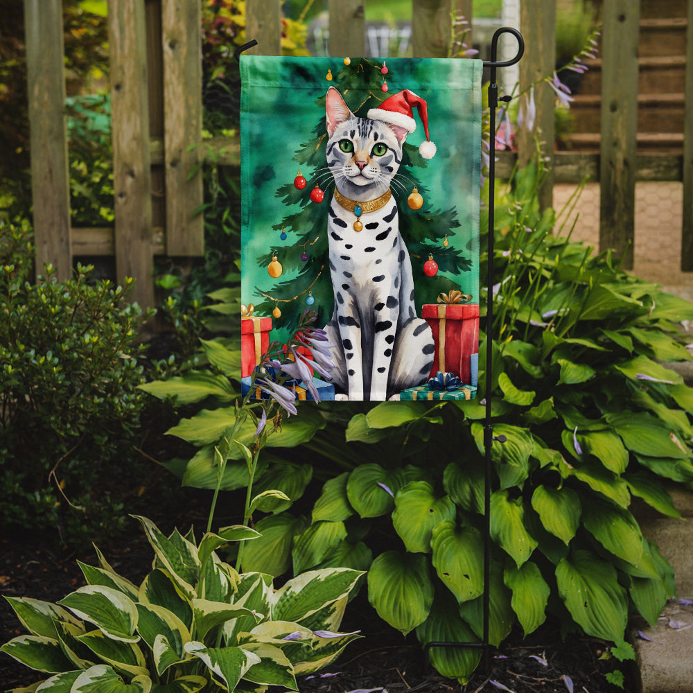 Egyptian Mau Cat By the Christmas Tree Garden Flag Mailbox Decorative Yard Banner Outside Patio Artwork for Flower Beds, Garden Size, Multicolor