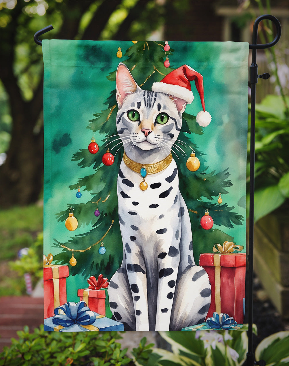 Egyptian Mau Cat By the Christmas Tree Garden Flag Mailbox Decorative Yard Banner Outside Patio Artwork for Flower Beds, Garden Size, Multicolor