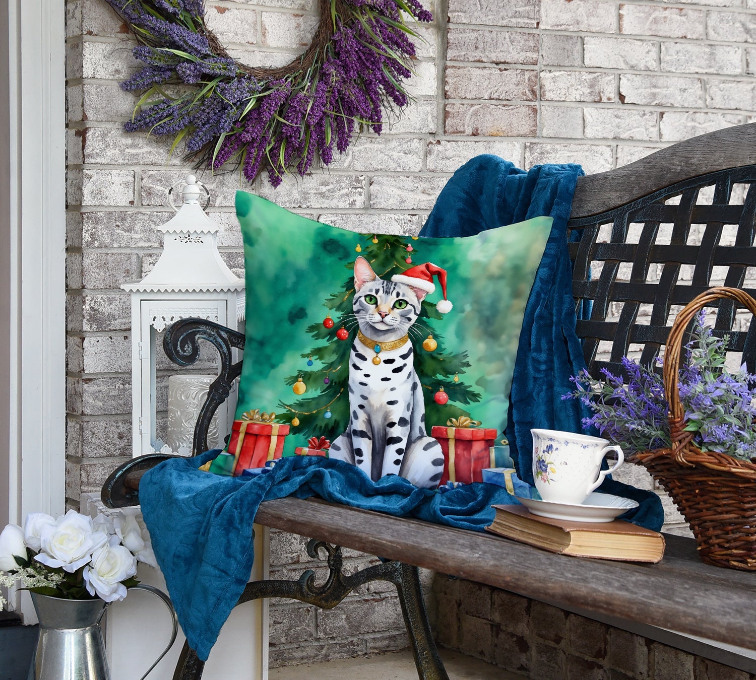 Egyptian Mau Cat By the Christmas Tree Decorative Throw Pillow 18x18 Indoor Outdoor Accent Cushion, Fabric Cover with Insert for Sofa, Bed, Porch & Living Room