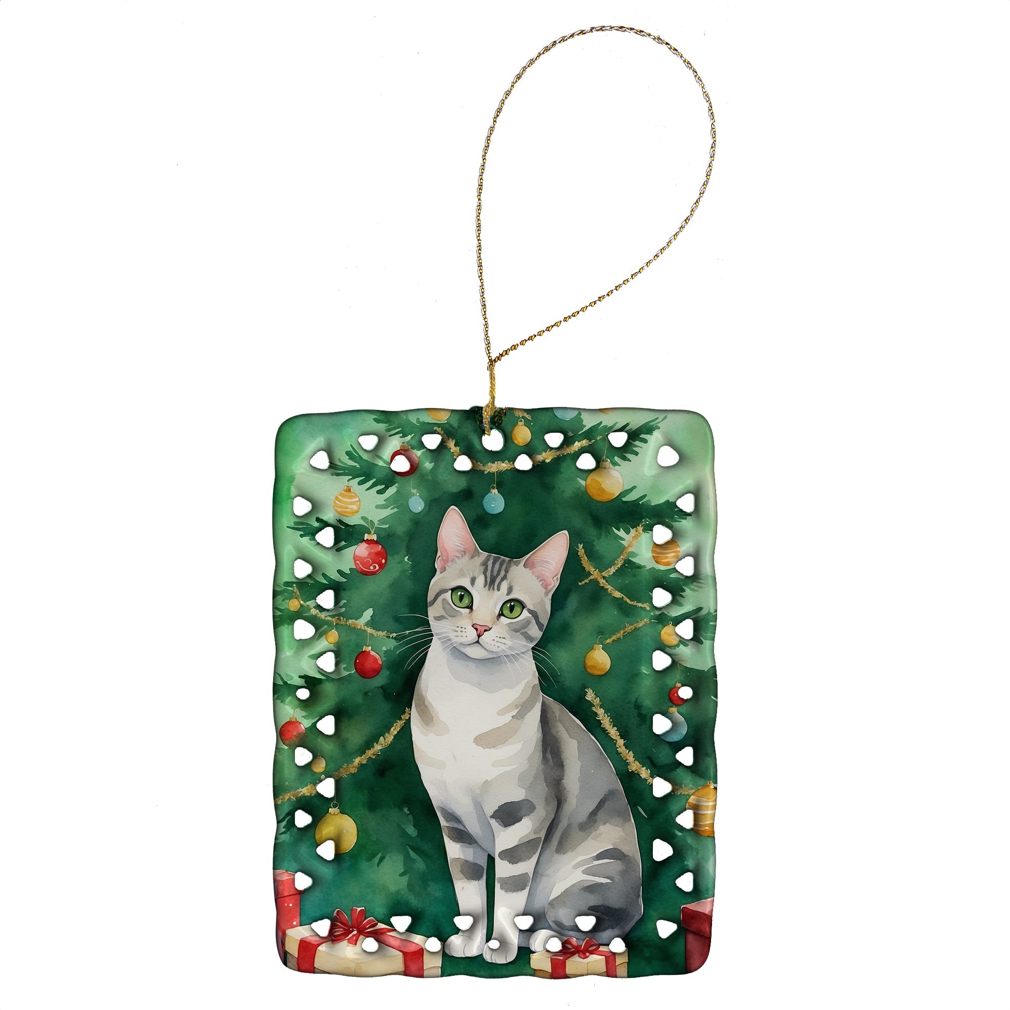 European Shorthair Cat By the Christmas Tree Porcelain Ornament Christmas Tree Hanging Decorations for Home Christmas Holiday, Rectangle, Gift, Multicolor