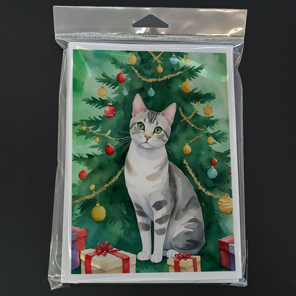 European Shorthair Cat By the Christmas Tree Greeting Cards Pack of 8 Blank Cards with Envelopes Whimsical A7 Size 5x7