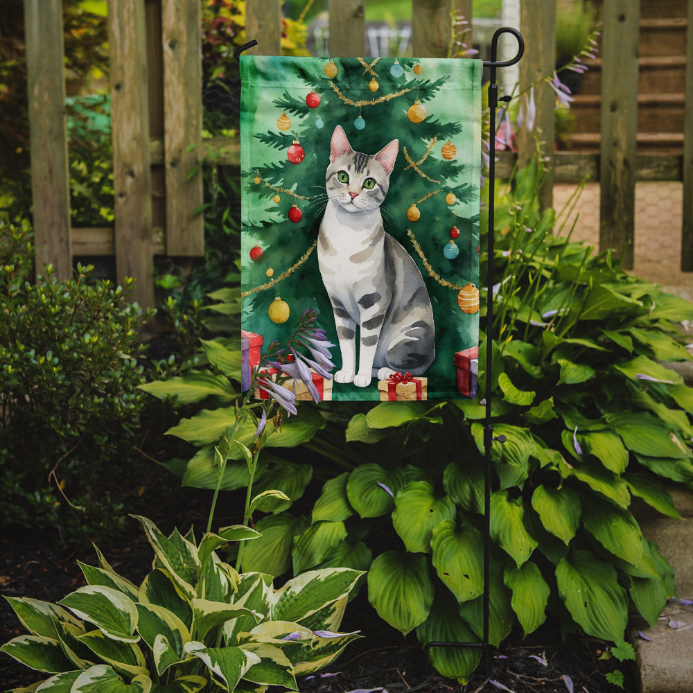 European Shorthair Cat By the Christmas Tree Garden Flag Mailbox Decorative Yard Banner Outside Patio Artwork for Flower Beds, Garden Size, Multicolor