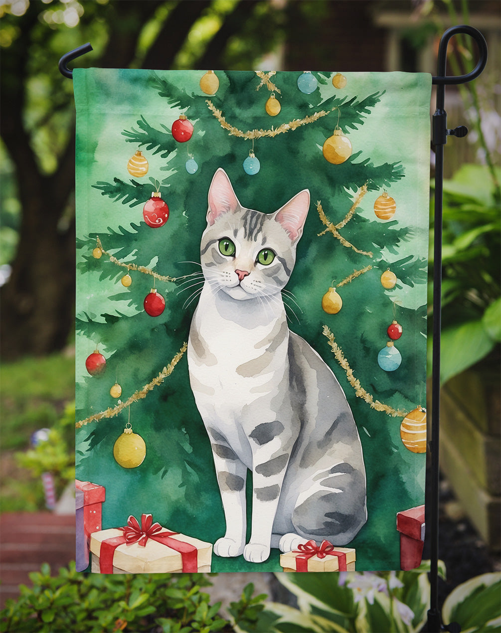 European Shorthair Cat By the Christmas Tree Garden Flag Mailbox Decorative Yard Banner Outside Patio Artwork for Flower Beds, Garden Size, Multicolor