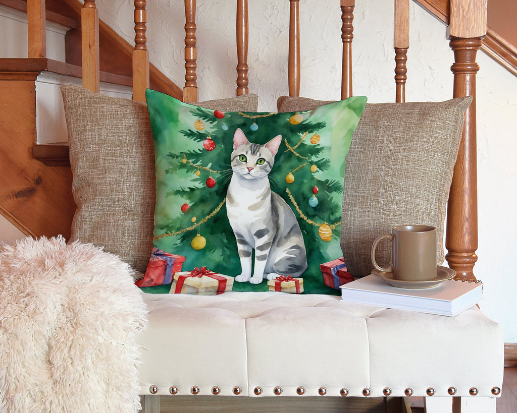 European Shorthair Cat By the Christmas Tree Decorative Throw Pillow 14x14 Indoor Outdoor Accent Cushion, Fabric Cover with Insert for Sofa, Bed, Porch & Living Room