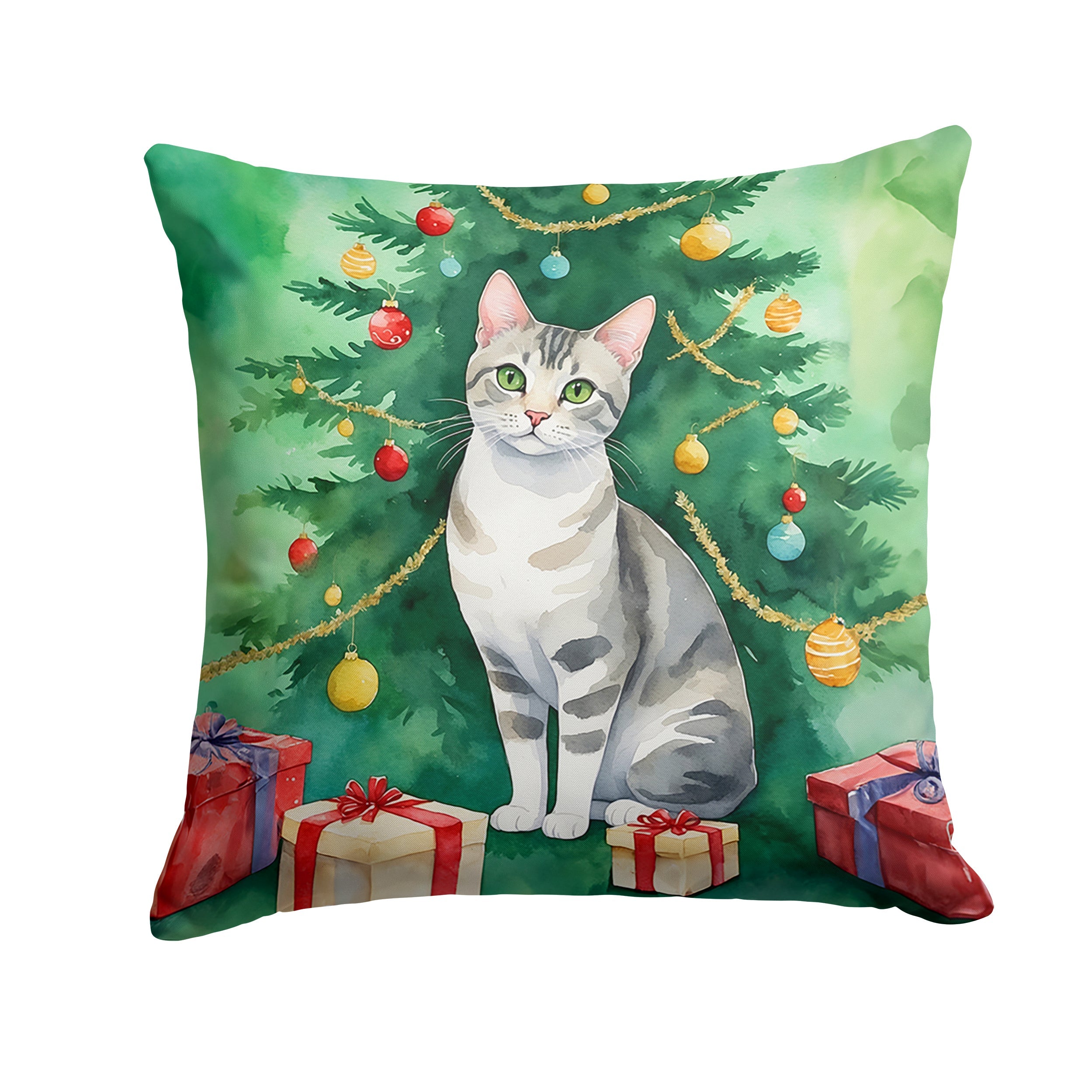European Shorthair Cat By the Christmas Tree Decorative Throw Pillow 14x14 Indoor Outdoor Accent Cushion, Fabric Cover with Insert for Sofa, Bed, Porch & Living Room