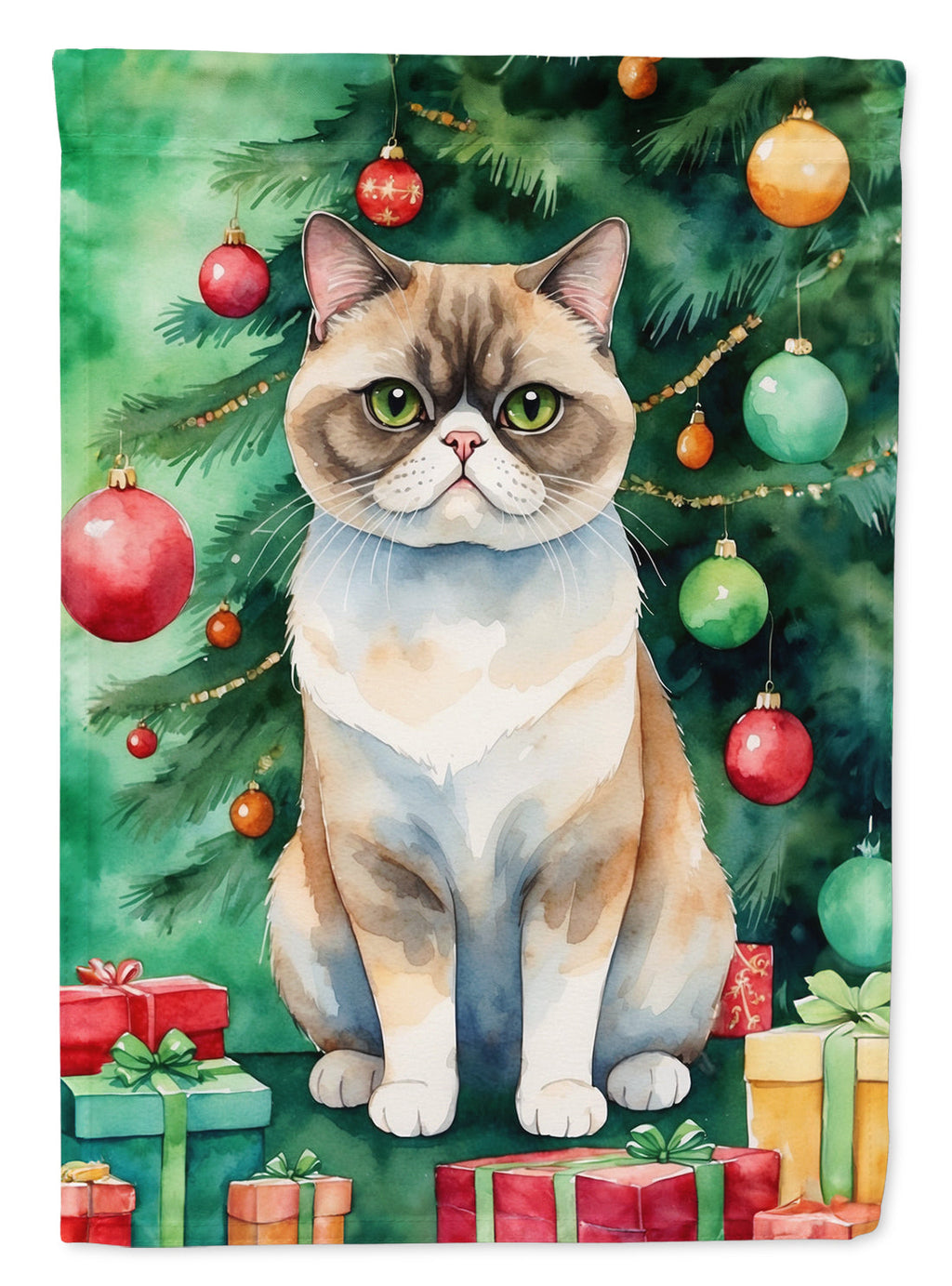 Exotic Shorthair Cat By the Christmas Tree House Flag 28x40 Porch Sleeve Pole Decorative Outside Yard Banner Artwork Wall Hanging, Polyester