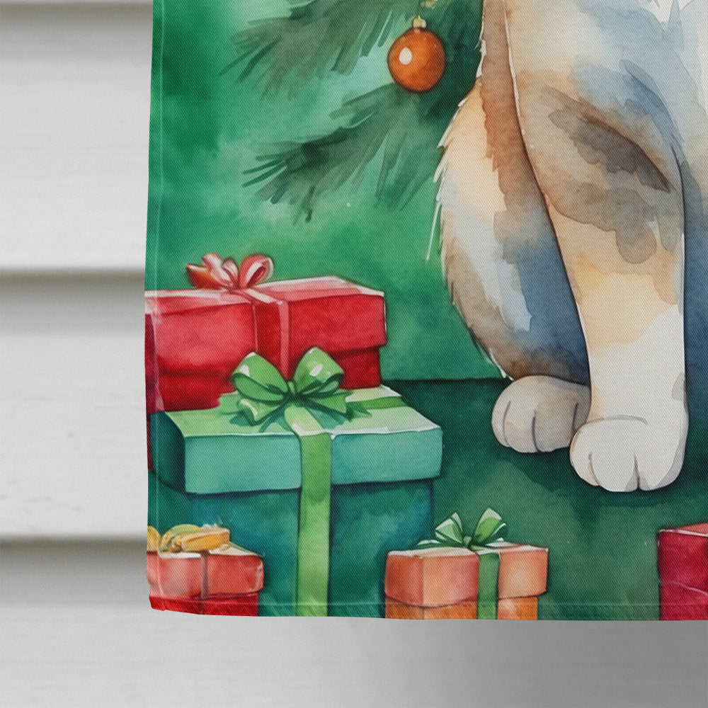 Exotic Shorthair Cat By the Christmas Tree House Flag 28x40 Porch Sleeve Pole Decorative Outside Yard Banner Artwork Wall Hanging, Polyester