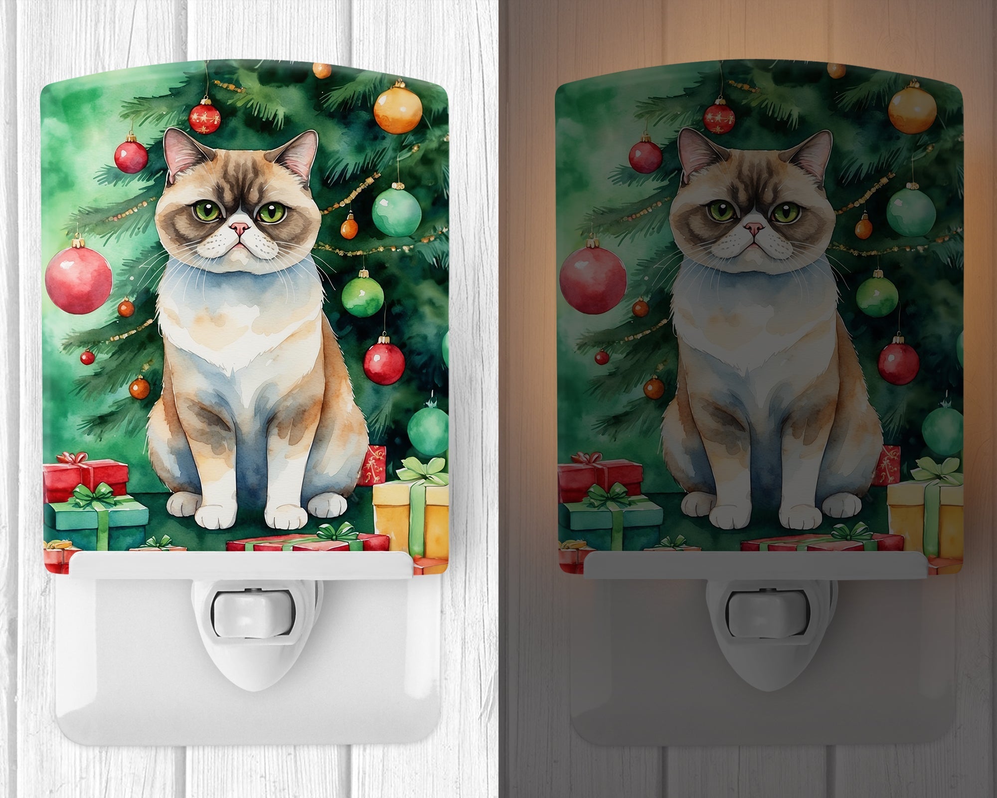 Exotic Shorthair Cat By the Christmas Tree Ceramic Night Light Compact, UL-Certified, Ideal for Bedroom, Bathroom, Nursery, Hallway, Kitchen, 6x4x3, Multicolor
