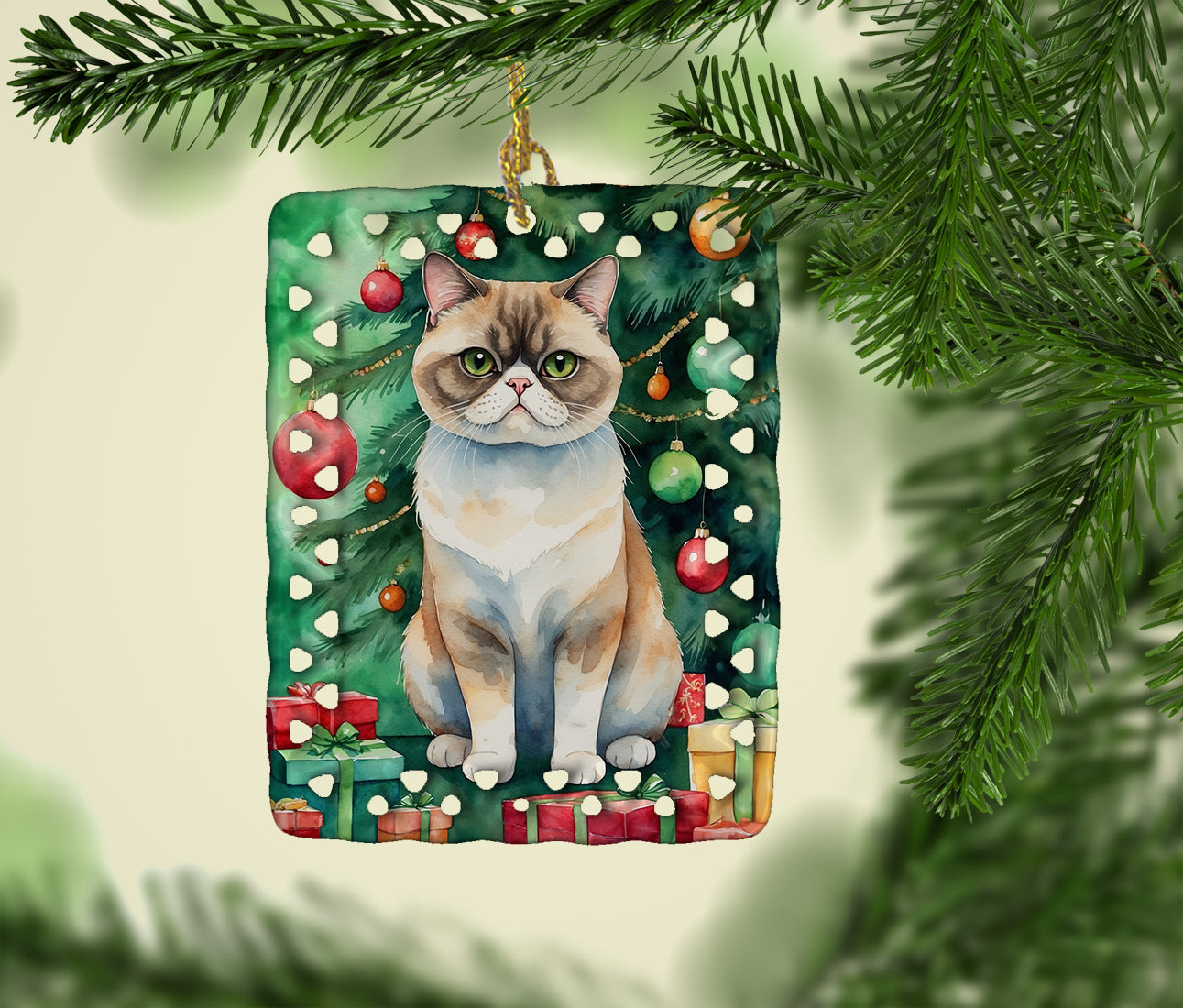 Exotic Shorthair Cat By the Christmas Tree Porcelain Ornament Christmas Tree Hanging Decorations for Home Christmas Holiday, Rectangle, Gift, Multicolor