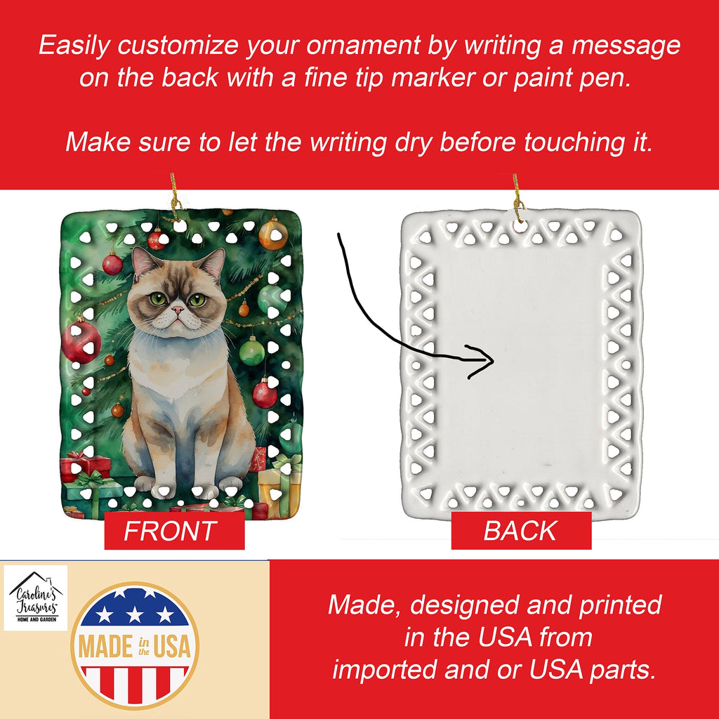 Exotic Shorthair Cat By the Christmas Tree Porcelain Ornament Christmas Tree Hanging Decorations for Home Christmas Holiday, Rectangle, Gift, Multicolor