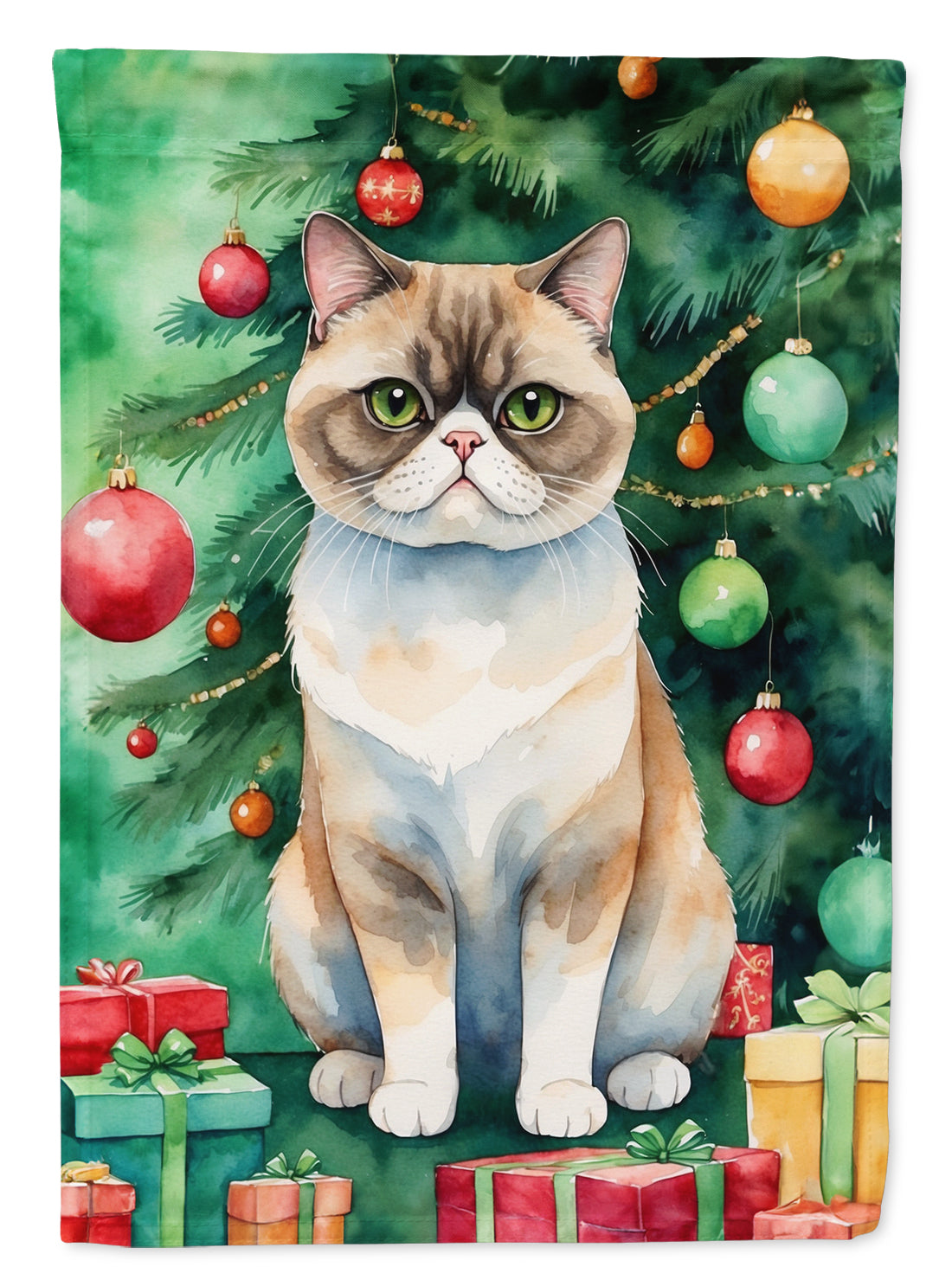 Exotic Shorthair Cat By the Christmas Tree Garden Flag Mailbox Decorative Yard Banner Outside Patio Artwork for Flower Beds, Garden Size, Multicolor