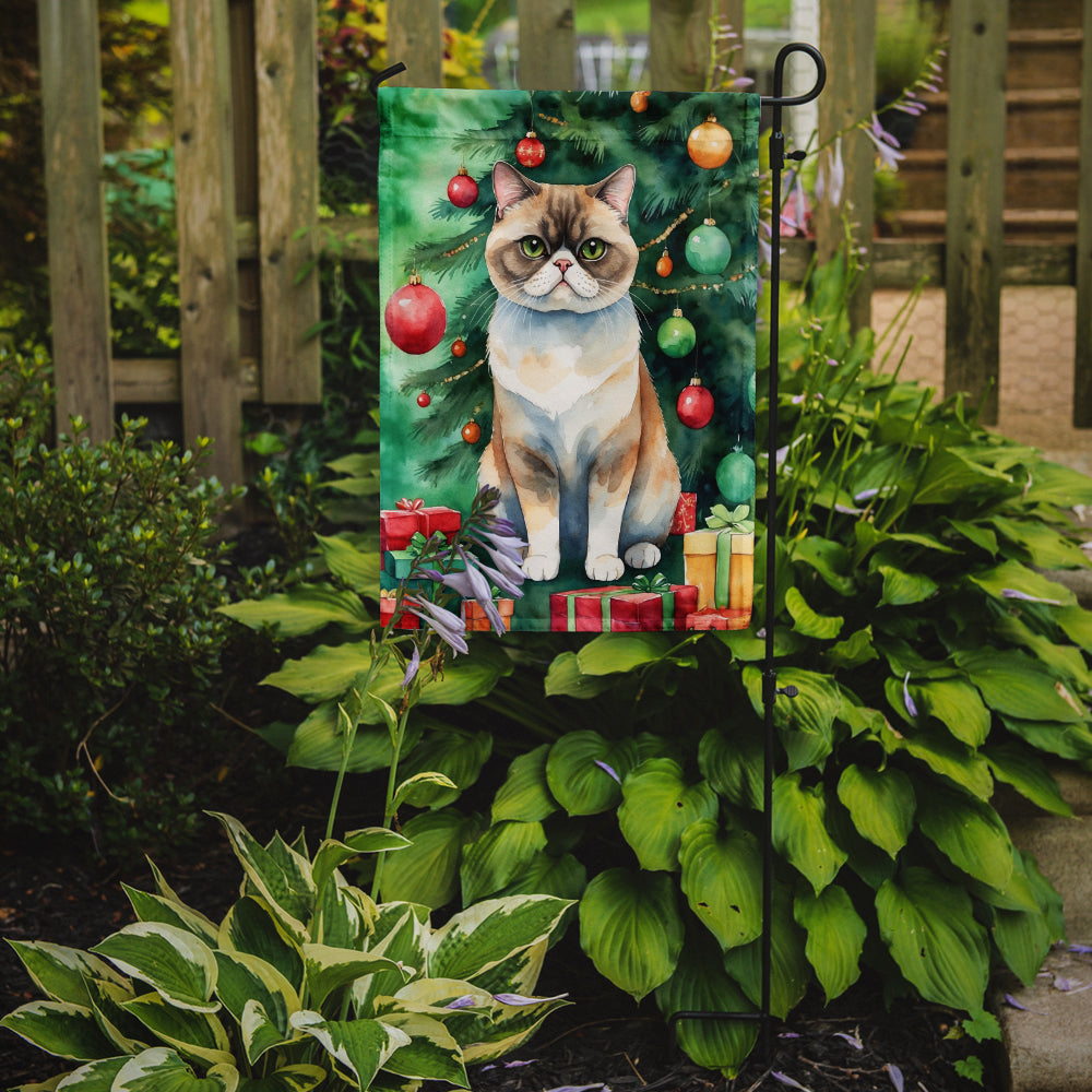 Exotic Shorthair Cat By the Christmas Tree Garden Flag Mailbox Decorative Yard Banner Outside Patio Artwork for Flower Beds, Garden Size, Multicolor