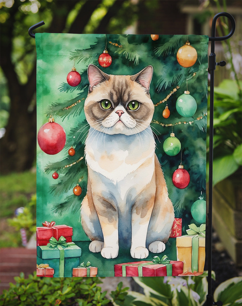 Exotic Shorthair Cat By the Christmas Tree Garden Flag Mailbox Decorative Yard Banner Outside Patio Artwork for Flower Beds, Garden Size, Multicolor