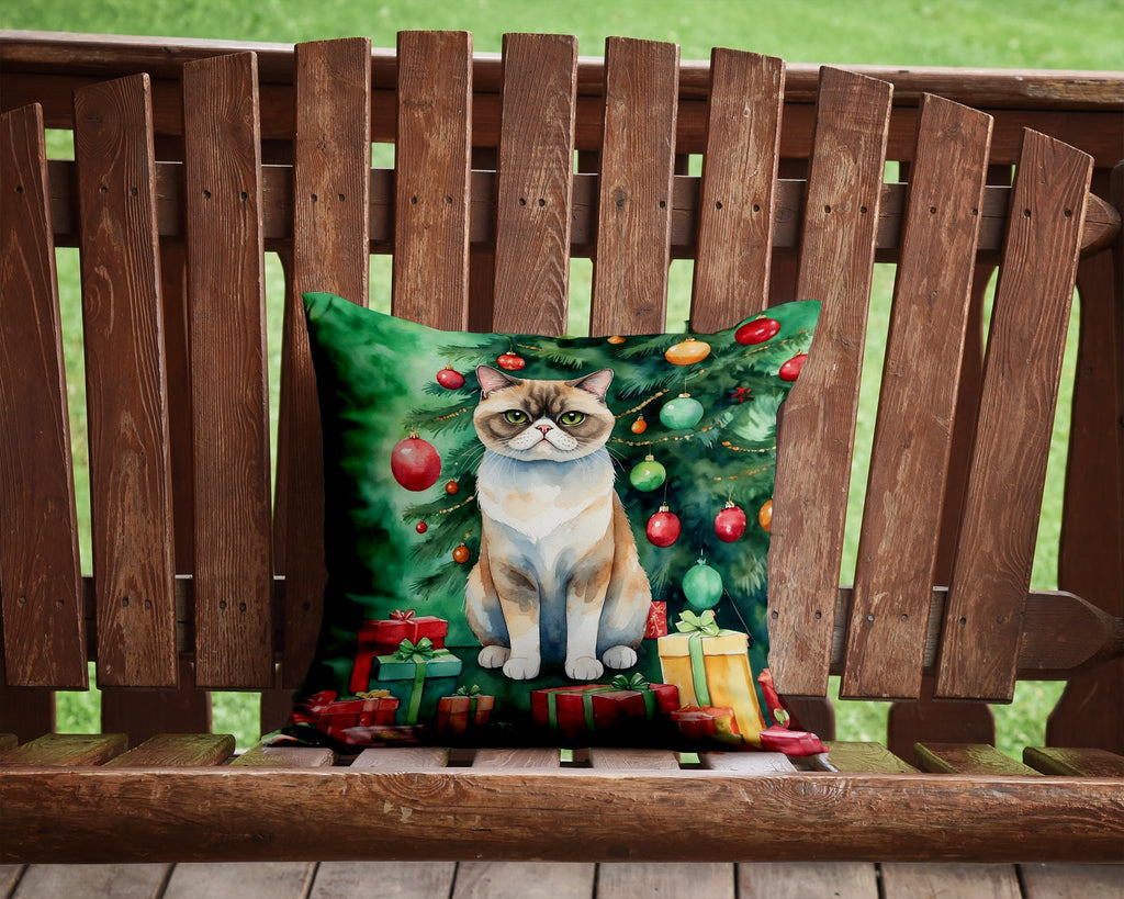 Exotic Shorthair Cat By the Christmas Tree Decorative Throw Pillow 14x14 Indoor Outdoor Accent Cushion, Fabric Cover with Insert for Sofa, Bed, Porch & Living Room