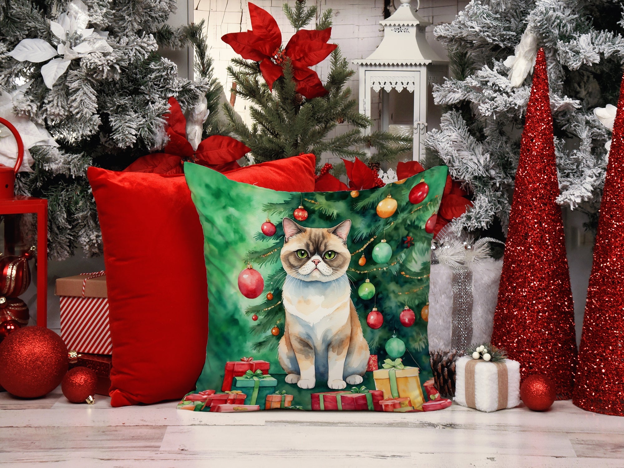 Exotic Shorthair Cat By the Christmas Tree Decorative Throw Pillow 18x18 Indoor Outdoor Accent Cushion, Fabric Cover with Insert for Sofa, Bed, Porch & Living Room