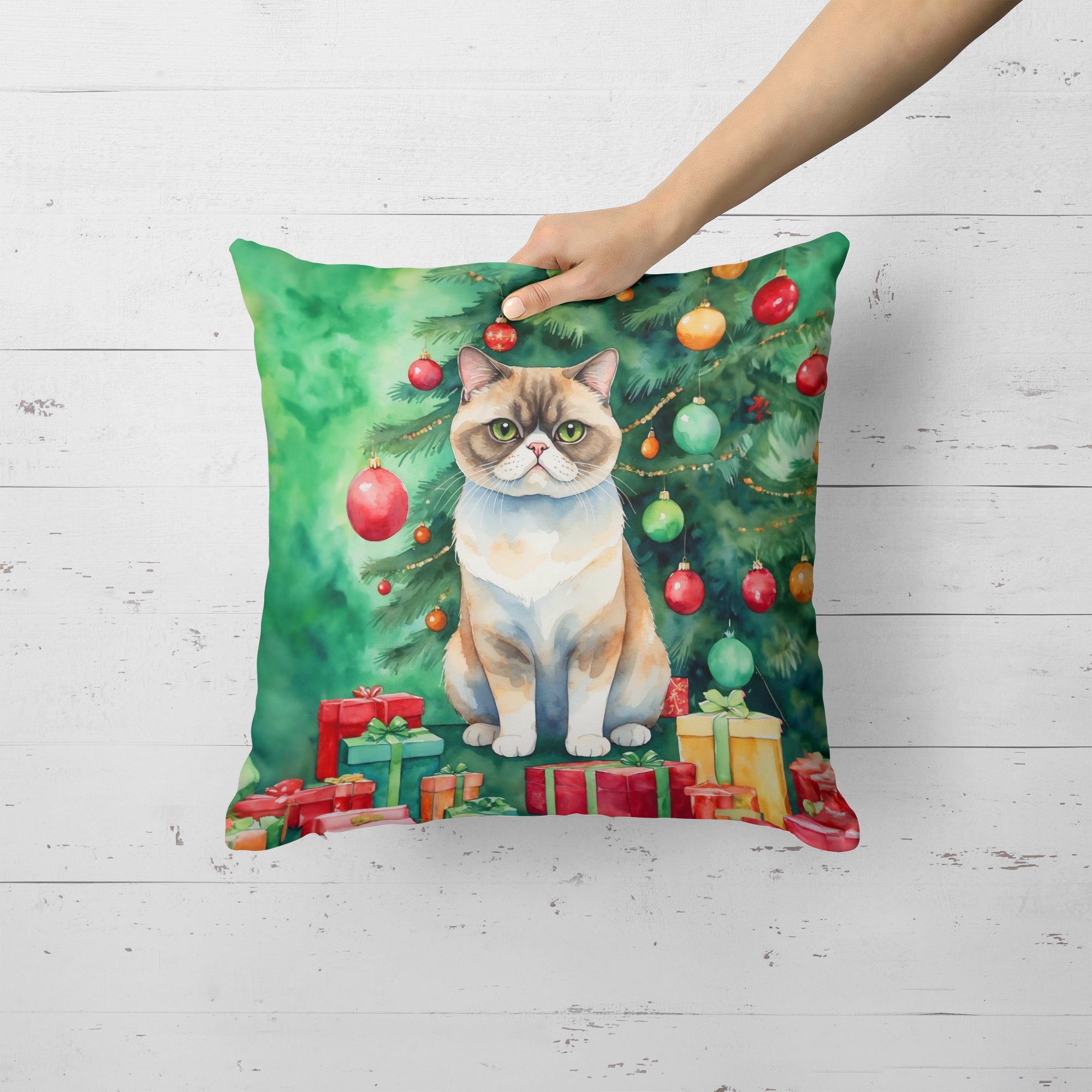 Exotic Shorthair Cat By the Christmas Tree Decorative Throw Pillow 18x18 Indoor Outdoor Accent Cushion, Fabric Cover with Insert for Sofa, Bed, Porch & Living Room