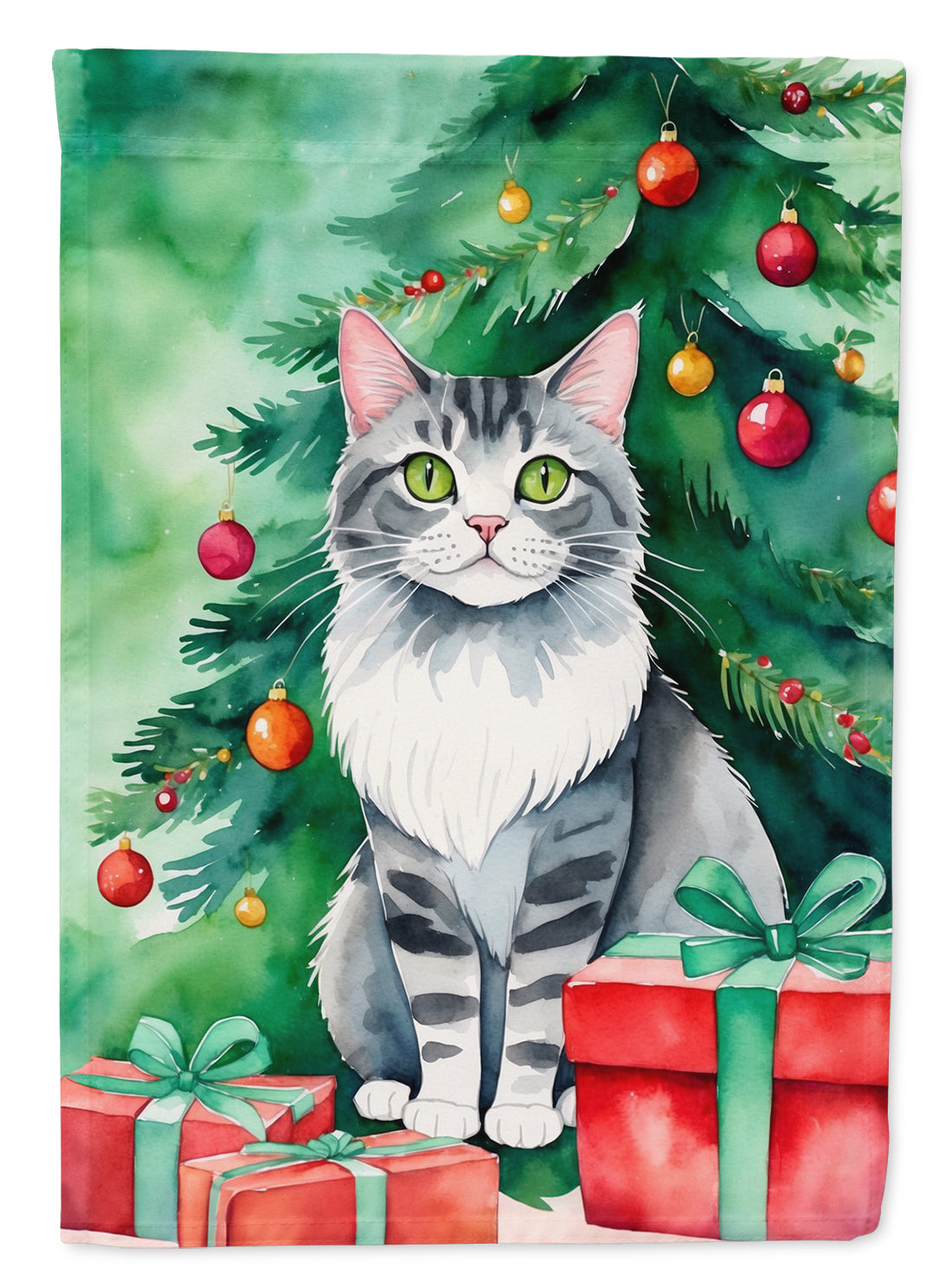 Foldex Exotic Fold Cat By the Christmas Tree House Flag 28x40 Porch Sleeve Pole Decorative Outside Yard Banner Artwork Wall Hanging, Polyester