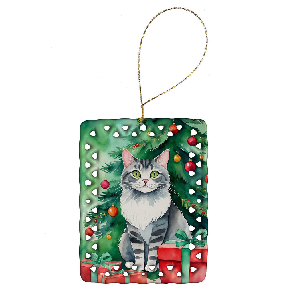 Foldex Exotic Fold Cat By the Christmas Tree Porcelain Ornament Christmas Tree Hanging Decorations for Home Christmas Holiday, Rectangle, Gift, Multicolor