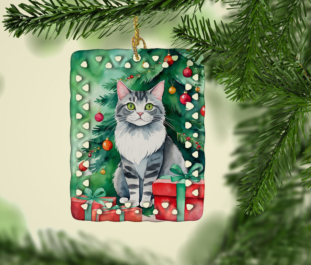 Foldex Exotic Fold Cat By the Christmas Tree Porcelain Ornament Christmas Tree Hanging Decorations for Home Christmas Holiday, Rectangle, Gift, Multicolor